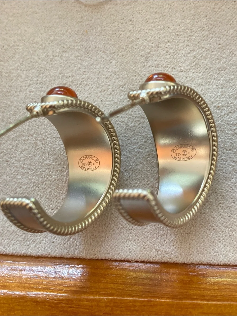 CHANEL Gold-Tone Oval Drop Earrings with Orange Cabochons